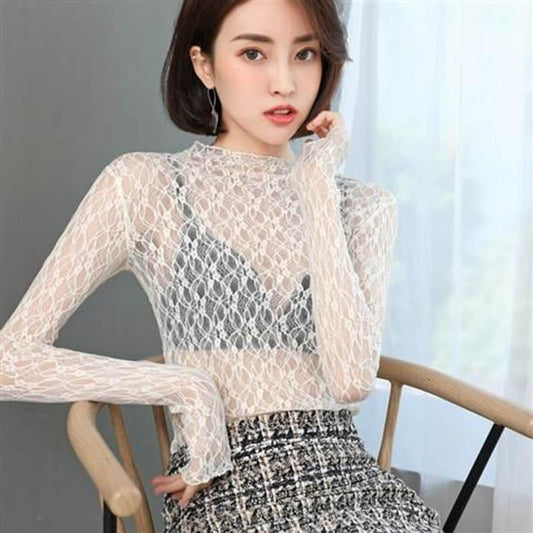 Four Seasons Popular Lace Bottoming Shirt Hollow Long-sleeved Half-high Collar with Tulle Slim Top