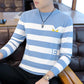 Autumn and Winter Striped Sweater Slim Young Men's Round Neck Knit Bottoming Shirt Long-sleeved Splicing Color Pullover Top