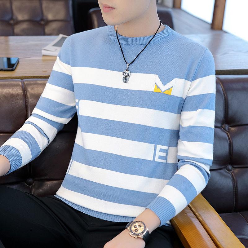 Autumn and Winter Striped Sweater Slim Young Men's Round Neck Knit Bottoming Shirt Long-sleeved Splicing Color Pullover Top
