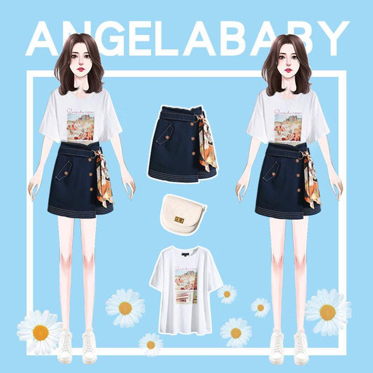 Fashion Summer Tops Skirt 2 Piece Set Women Printed T Shirt Irregular Skirt 2 Piece Set Outfits
