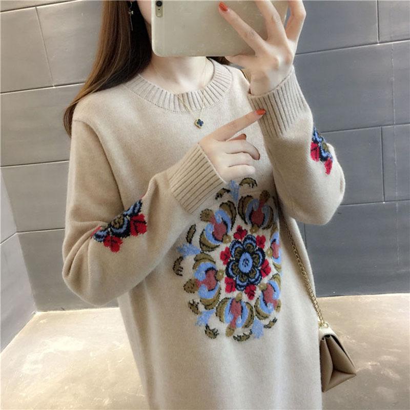 Autumn and Winter Mid-length Coat Loose Casual Thick Top Long Sleeve Knitted Sweater for Women