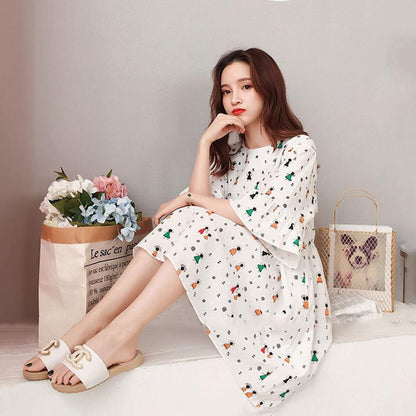 3colors S-XXXXL Summer Round Neck Cute Girl Student Dress Cotton Loose Knee-length