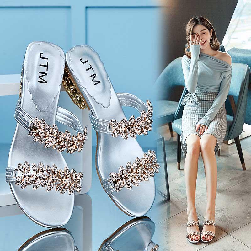 Size 34-41 Summer Women Outdoor Flat Bohemian Beach Flip Flops Wear-resistant Non-slip Office Lady Waterproof Diamond Sandals