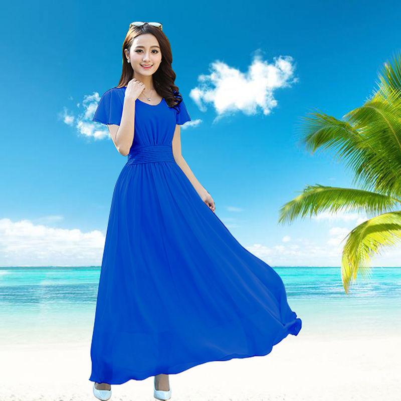 Summer Dress Long Skirt V-neck Chiffon Self-cultivation Women's Bohemian Beach Skirt Fairy Skirt Fabric Light and Breathable Large Skirt