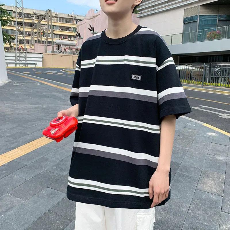 Striped T-shirt Men's Short-sleeved Summer Loose All-match  Version of The Trend  Five-point Sleeve T-shirt Tide Students