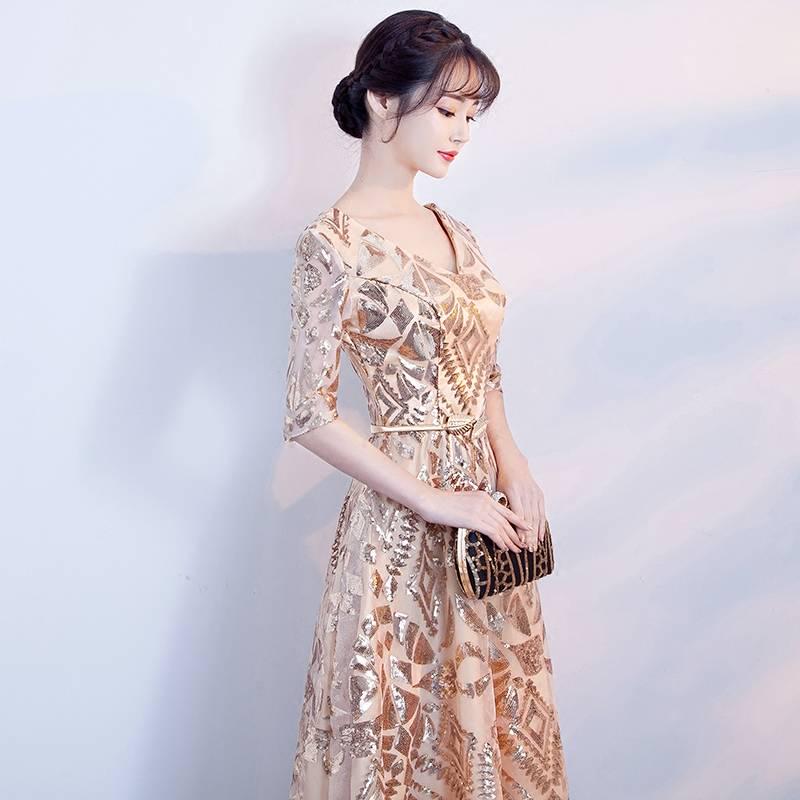 Banquet Evening Dress Noble Gold Sequins Dinner Host Dress Female Annual Chairman Section Was Thin