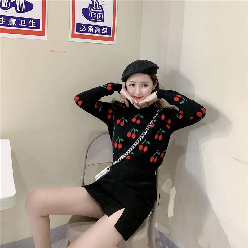 Round Neck Slim Was Thin Sweater Wild Pullover Long Sleeved Cute Cherry Jacquard Sweater
