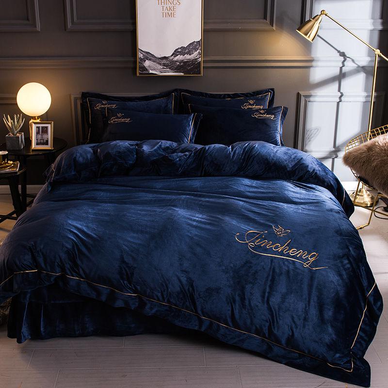 4pcs  Fleece Bedding Set Pure Color  Bed Sheet Quilt Cover Pillowcase Winter Warm Bedding
