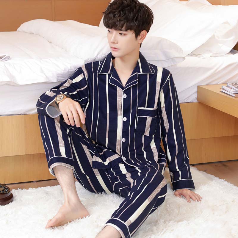 Men's Pajamas Spring and Autumn Pajamas Men's Cotton Long-sleeved Trousers Cardigan Young Middle-aged Home Clothing