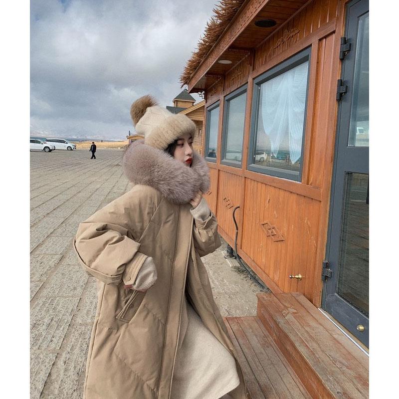 Down Jacket Women's Mid-length White Duck Down Korean Style Loose Over-the-knee Jacket Design Sense of Winter Big Fur Collar Tide