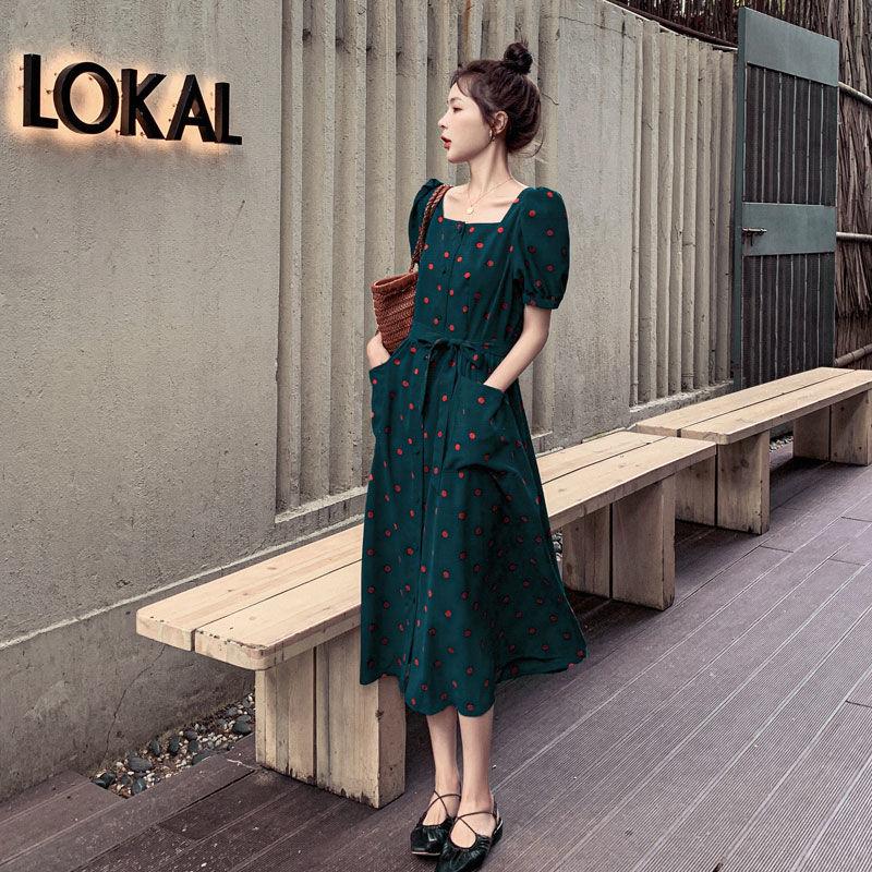 Dress Women's Waist Chiffon Over The Knee Square Collar Retro Casual Fashion French Summer Skirt