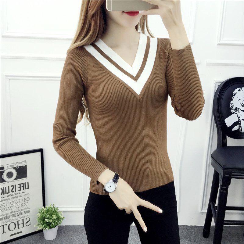 V-neck Short Sweater Autumn and Winter Pullover Slim Top Fashion Knitted Women Sweater