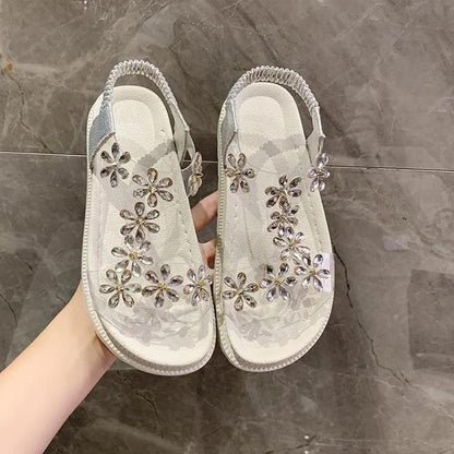 Sandals Women's Elastic Band Rhinestone Flowers Flat Soft Sole Beach Roman Sandals Outdoor Casual Sandals Women's Platform Sandals