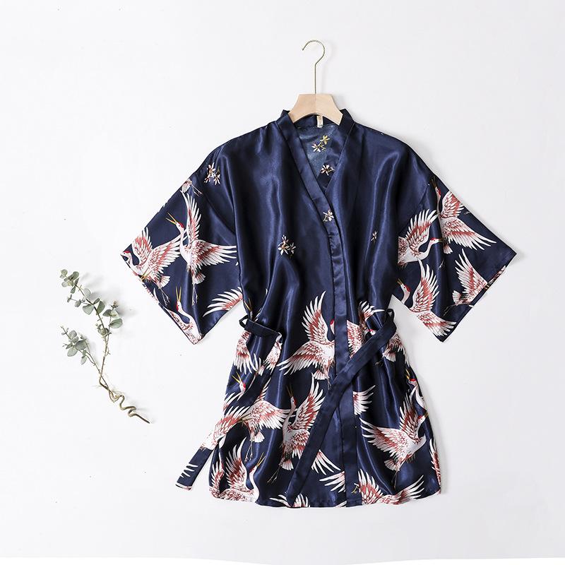 Summer Women's Nightgown Imitation Silk Satin Kimono Bridesmaid Dress Floral Thin Cardigan Dressing Gown Bathrobe