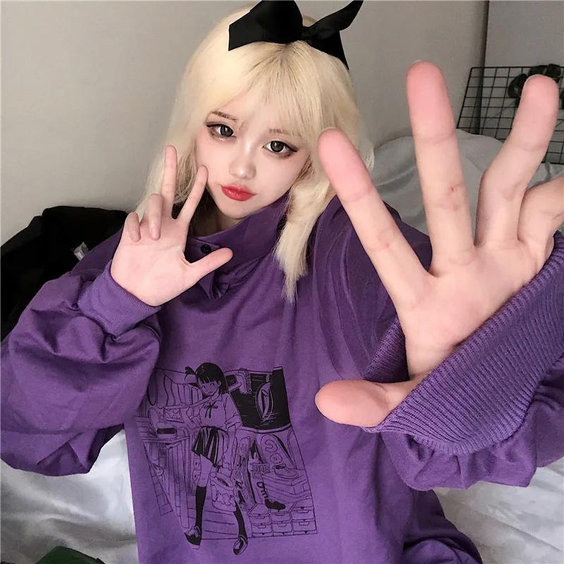 Hoodies Women Japanese Anime Pullover Sweatshirts Oversized Streetwear Harajuku Long Sleeve Turtleneck Hoodies Autumn Winter Fashion White Tops