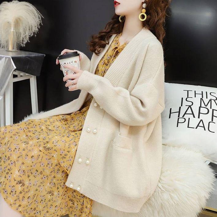Autumn and Winter Loose Solid Color Coat Double-breasted Button Cardigan Sweater Women Plus Size Pocket Knitwear