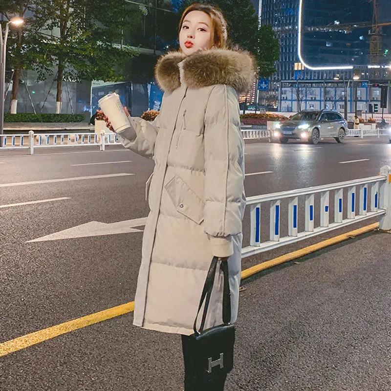 Down Jacket Winter Korean Fashion Big Fur Collar Mid-length Hooded Thick Warm Large Size Jacket Suitable for Women