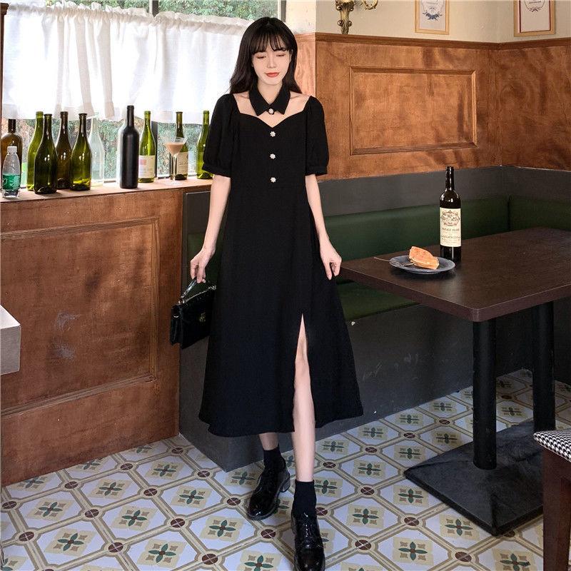 Summer Hepburn Style Design Niche Mid-length Split Dress Female A-line Dress Waist Thin Black Dress Sexy Cute Cool Girl