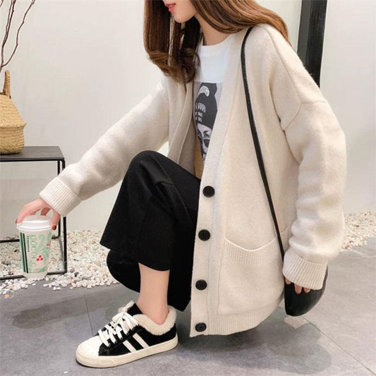 Women's Sweater Coat Loose V-neck Long-sleeved Cardigan Solid Color Sweater with Buttons