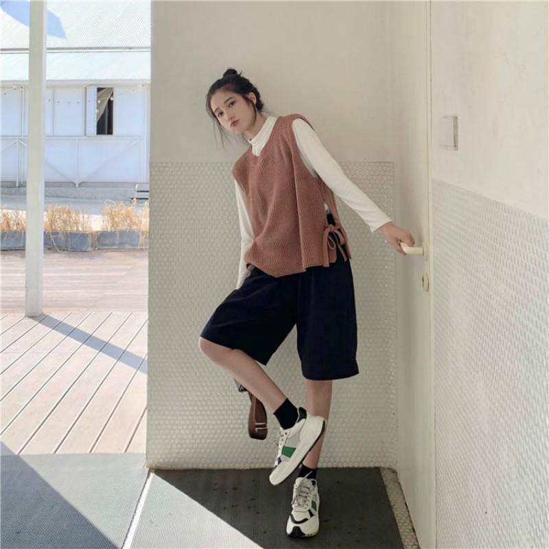 College Style Sweater Vest Women's Round Neck Loose Side Lace Up Knitted Sweater Vest