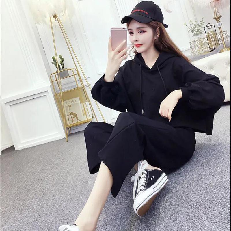 Casual Two-piece Women's Hooded Long-sleeved Hoodie Loose Wide-leg Trousers Sports Suit Sweat-absorbent Breathable and Comfortable