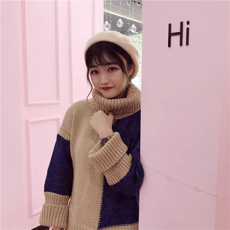 Pofulove 3 Colors Warm Short Section Hit Color TurtleNeck Loose Knitted Blouse Thicken Sweaters