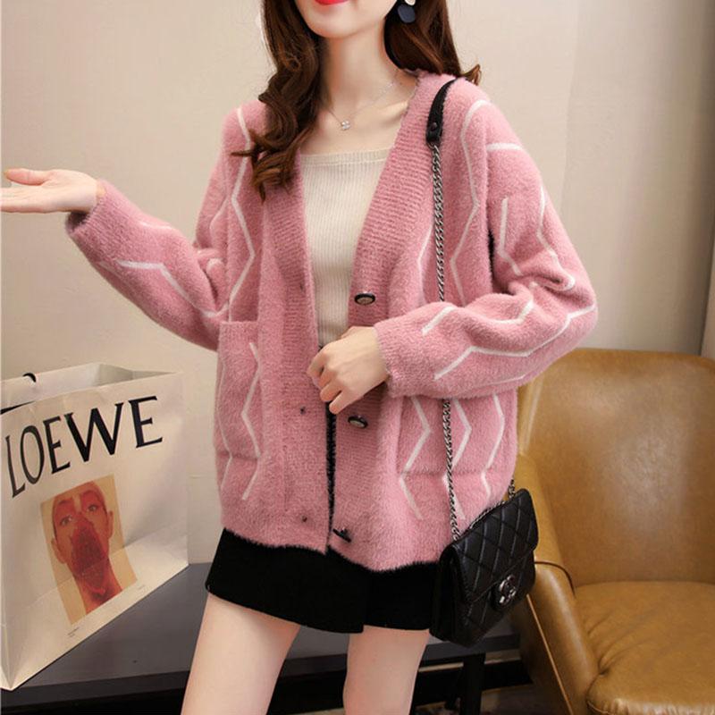 Autumn and Winter Mohair Cardigan Jacket Wild Loose Casual Sweater V-neck Knitted Female Top