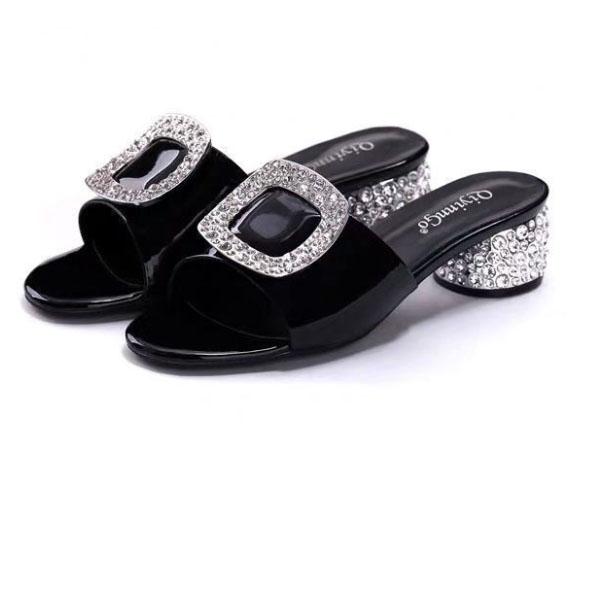 Summer Thick-heeled Middle-heeled Slippers Women's Buckle One-word Slippers Are Comfortable To Wear