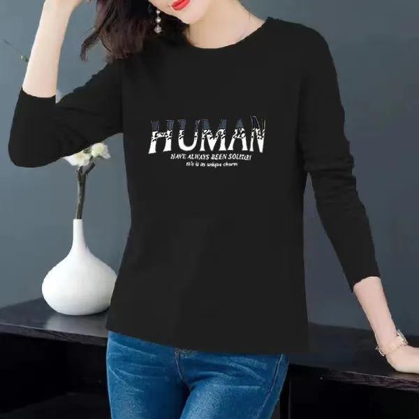 Spring Women T-shirts HUMAN Printed Long Sleeves Pullovers Boutique Bottoming Shirts Casual Loose Shirts