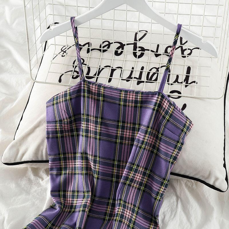 Purple Plaid Sling Dress 2 Pieces Ladies Suit Skirt Spring and Summer Sling  Casual Vacation Office Home