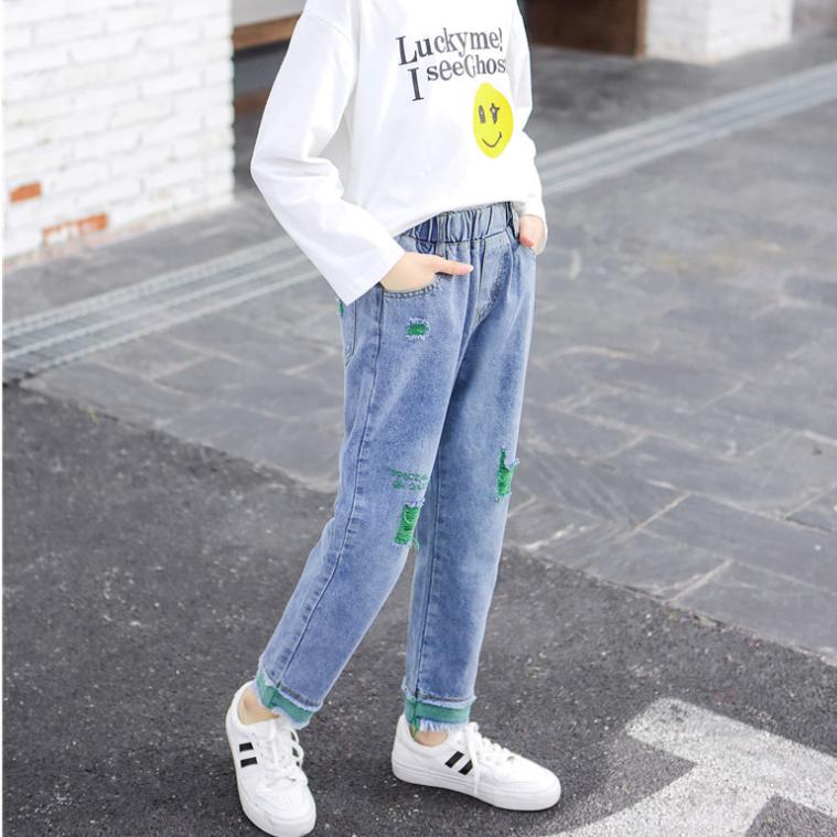 Girl Boy Loose Jeans Spring and Autumn Wear Korean Style Hole Children's Medium Children's Color Jeans Pants