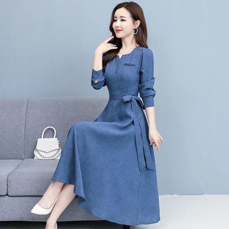 Long-sleeved Cotton Linen Dress Women's Spring Autumn Korean Noble Temperament Slim Fit Mid-length Dress V-neck Bow Tie A-line Skirt