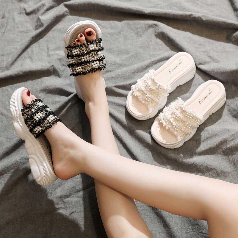 35-40 Summer Women All-match Shiny Slippers Outdoor Pearl High Heels Sandals Bohemian Beach Wear-resistant Non-slip Slippers Wedge Platform Sandals
