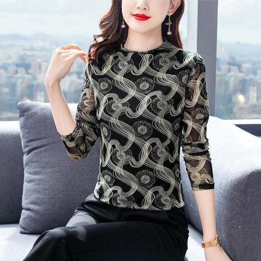 Women's Spring and Autumn Long-sleeved V-neck Slim Bottoming Shirt Printed Top