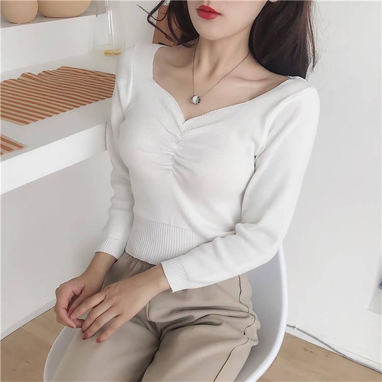 Sexy Low-neck Pullover Long Sleeve Short Sweater Women Open Navel  Slim Waist Knitwear