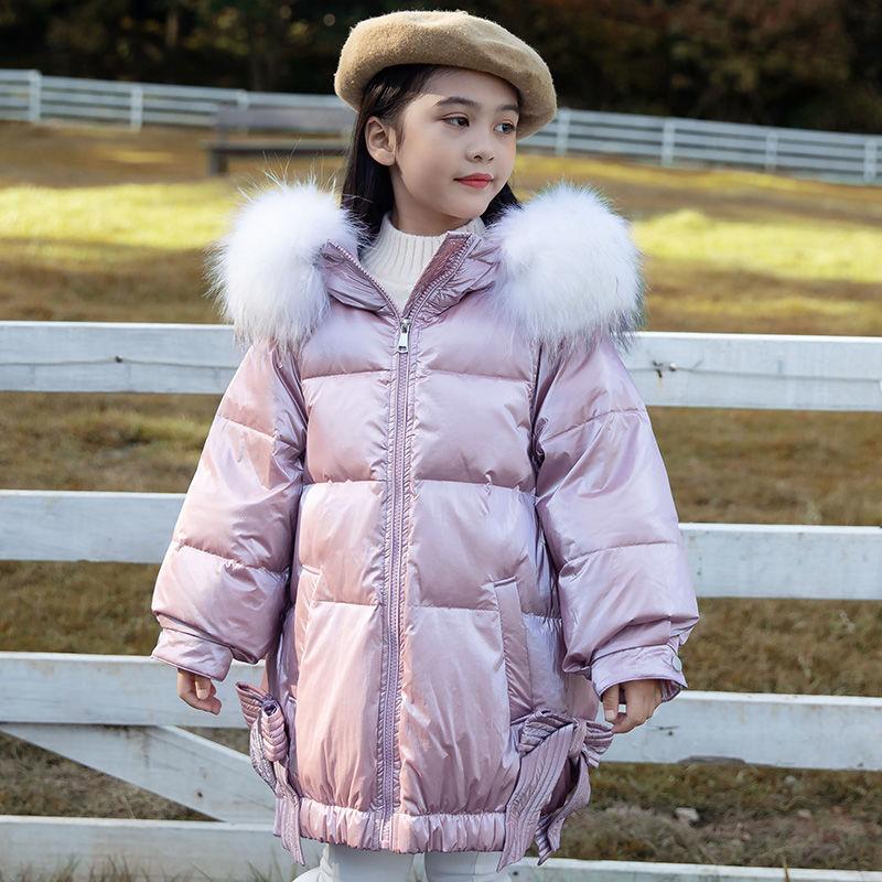 Winter Thickened All-match Big Children's White Duck Down Down Jacket Girls Mid-length Shiny Face Baby Girl Winter Thickened Children's Jacket