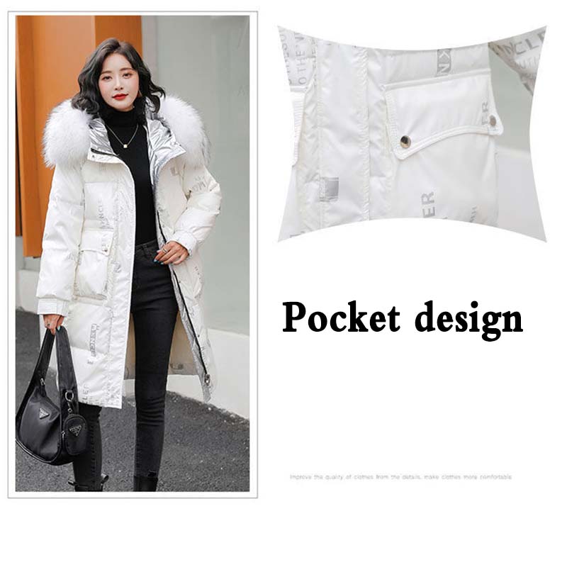 Winter Women's Bright Face Wash-free Down Padded Jacket Korean Style Loose and Thick Mid-length Large Fur Collar Padded Jacket Tide