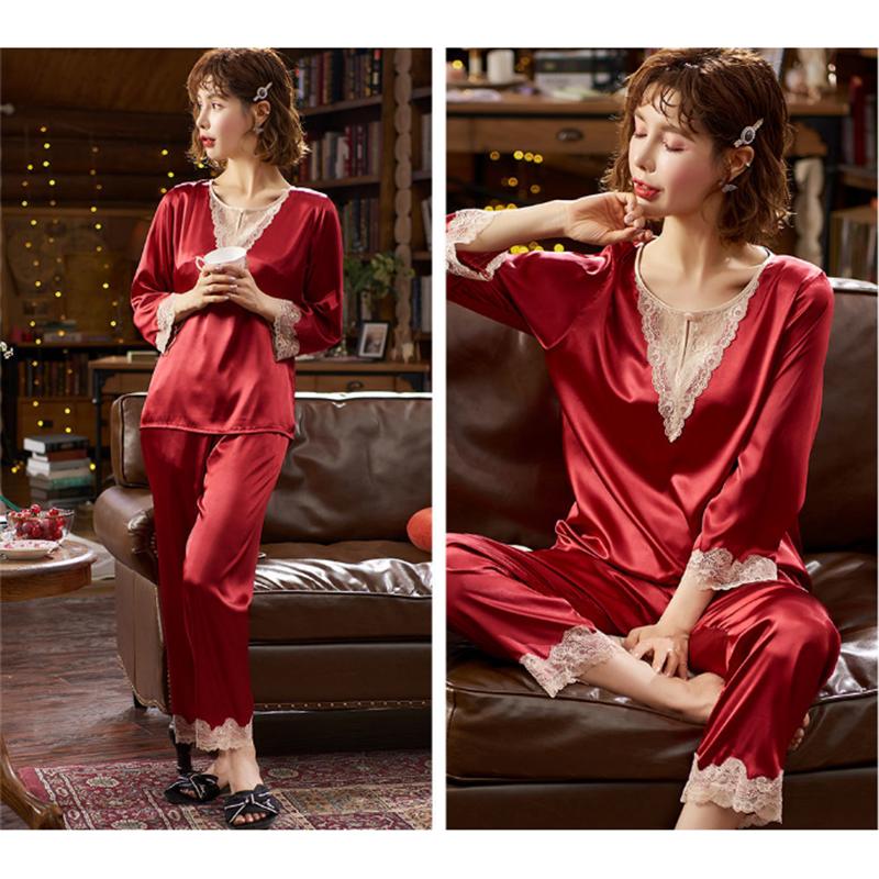 Women's Spring Autumn Long Sleeve Pajamas Set Luxury Ice Silk Sexy V Neck Lace Pyjamas Simulated Silk Sleeping Suit Silky Large Size Homewear Set