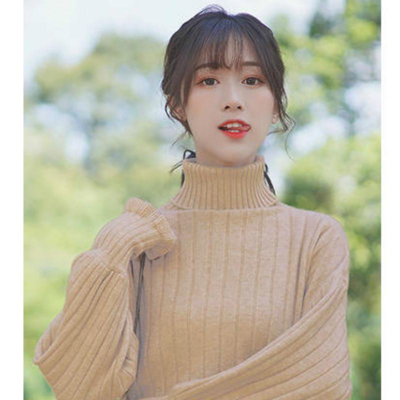 Thick Solid Color Inner Pull-up Turtleneck Sweater Women Lantern Sleeves Wild Knitted Top
