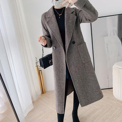 Cashmere Coat Elegant Long Women's Coat Lapel 2 Pockets Belted Jackets Coats Female Outerwear