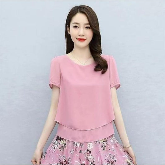 Ice Silk Solid Color Oversized Loose Large Size Chiffon Shirt Mommy Short Sleeve Thin Shirt