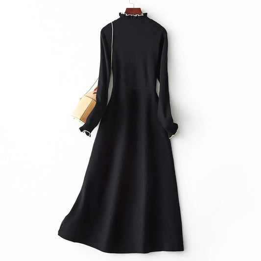Little Black Dress with Wooden Ears Spring and Autumn 2021 New FashionThin Waist Thin Temperament Dress
