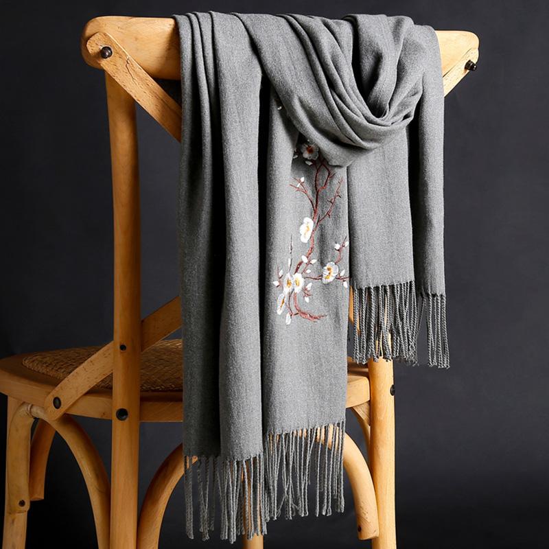 Winter Solid Color Imitation Cashmere Embroidered Scarf Mid-length Ladies Ethnic Style Tassel Shawl Warm Scarf Fabric Soft