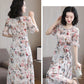 Short-sleeved Chiffon Dress Female Summer Plus Size Waist Slimming Long Round Neck Floral Skirt Temperament Elegant Chiffon Dress