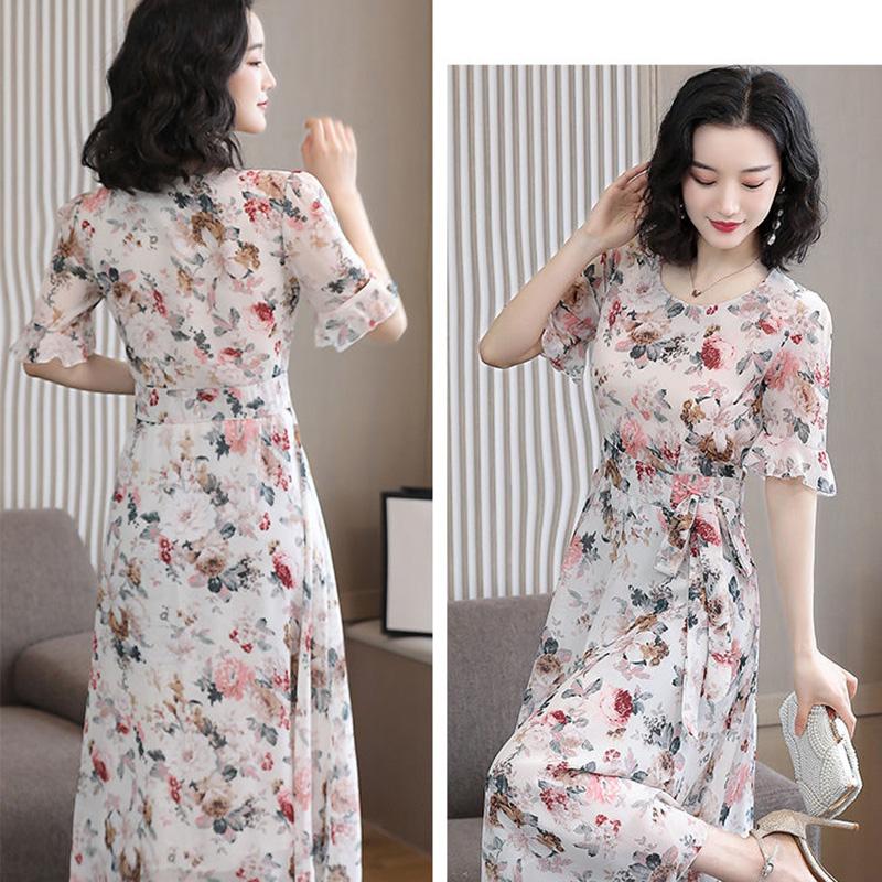 Short-sleeved Chiffon Dress Female Summer Plus Size Waist Slimming Long Round Neck Floral Skirt Temperament Elegant Chiffon Dress