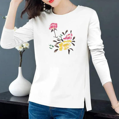 Women Cotton T-shirt Casual Slit Top Peony Print Pullover Long Sleeve Bottoming Shirt Spring