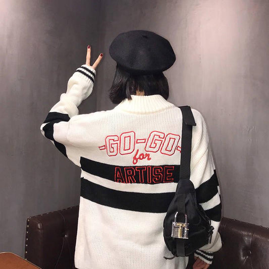 Color Matching Half Turtleneck Female Autumn and Winter Loose Embroidery Thick Knit Coat