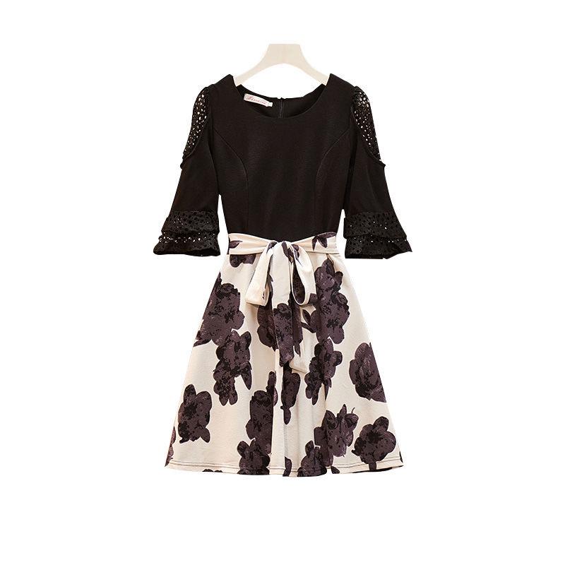 Plus Size Dress Women Fake Two-piece Skirt Dress Summer Loose Half  Sleeve Printed Dress