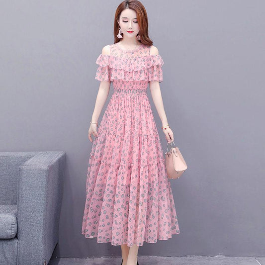 Mesh Chiffon Floral Dress Female Summer Off-shoulder Beach Skirt Over The Knee Long A-line Skirt Big Skirt Hemline Waist Slim Cute Dress Female