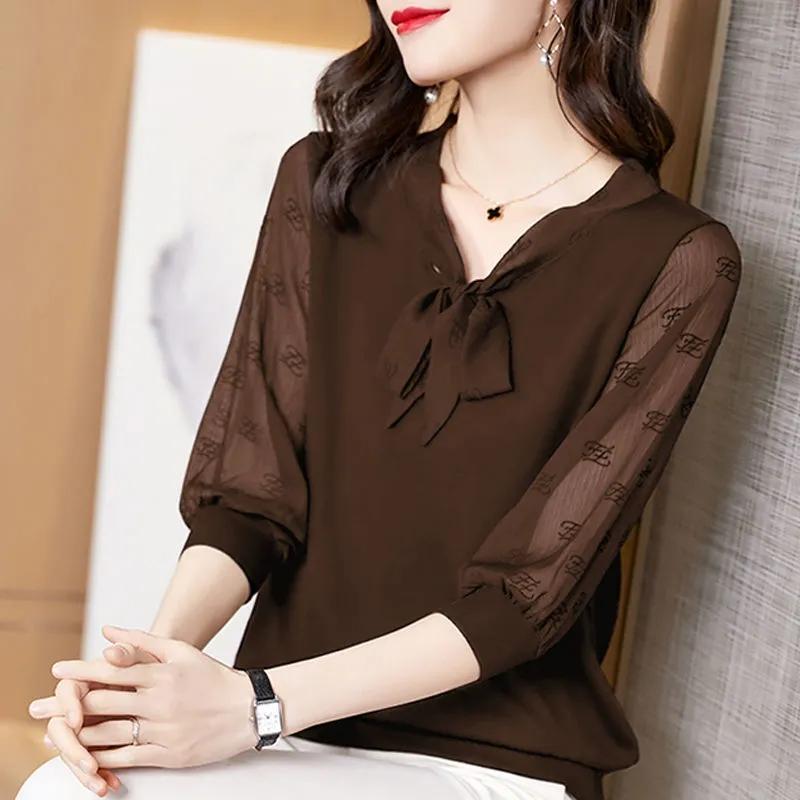 Large Size Chiffon Shirt Women's Loose Bow Tie Top Middle Sleeves Mesh Blouses Thin Belly Cover Shirt Solid Color Bottoming Shirt Casual All Match Top